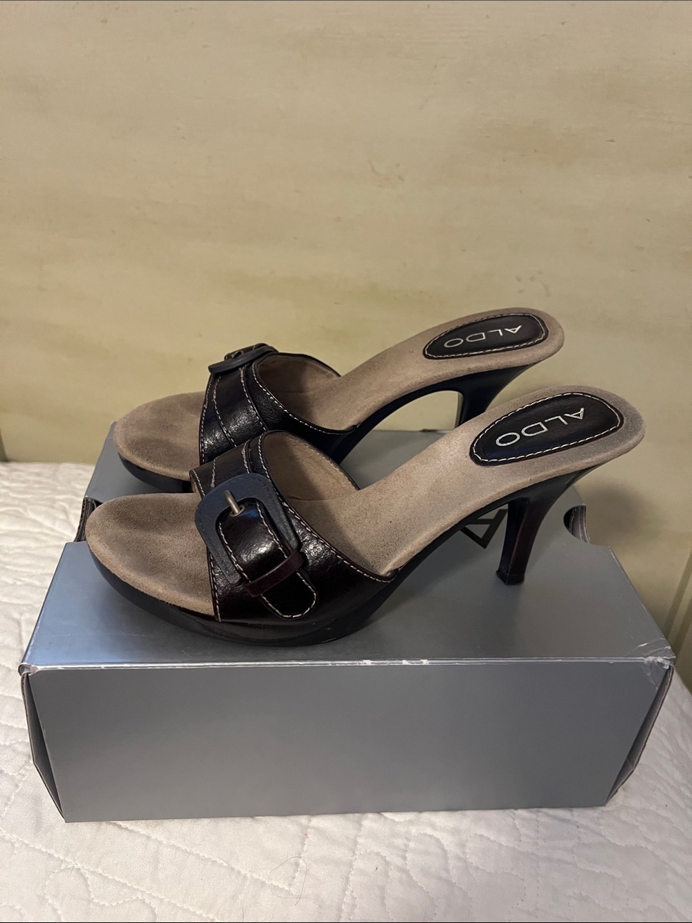 ALDO Brown Leather Buckle Slide Mules